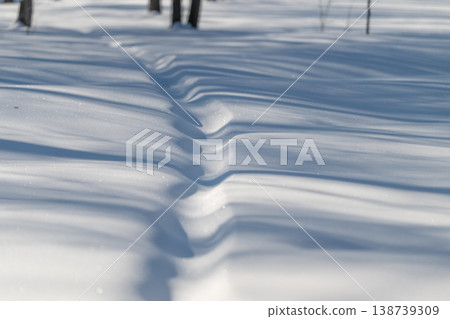Quiet snowcovered forest pathway. Peaceful path through leafless trees in winter. Calm winter landscape featuring snowlined trail surrounded by bare trees beneath clear sky Quiet snowcovered forest pathway. Peaceful path through leafless trees in winter. Calm winter landscape featuring snowlined trail surrounded by bare trees beneath clear sky 138739309