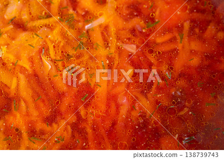 Detailed shot of beetthemed textured patterns. Highresolution photograph showcasing intricate textures and hues of shredded vegetables and oil droplets in vibrant reds 138739743