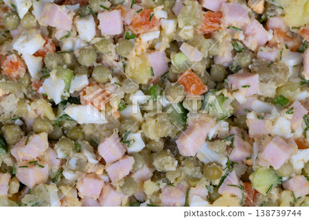 Healthy potato ham mixture. Nutritious vegetable and lean meat dish. Fresh vegetable and meat salad with herbs and low mayonnaise for healthconscious individuals Healthy potato ham mixture. Nutritious vegetable and lean meat dish. Fresh vegetable and meat salad with herbs and low mayonnaise for healthconscious individuals 138739744
