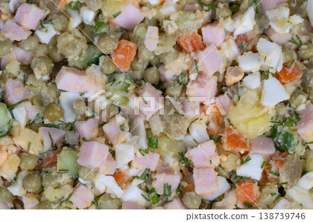 Balanced salad with ham and eggs. Prepared peas salad combining protein vegetables and ham. Nutritious weekly lunch salad with eggs potatoes and ham for quick meals Balanced salad with ham and eggs. Prepared peas salad combining protein vegetables and ham. Nutritious weekly lunch salad with eggs potatoes and ham for quick meals 138739746