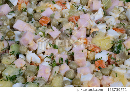 Closeup of textured ham vegetables. Macro shot emphasizing cubes and creamy dressing. Photographic perspective highlighting cube shapes and creamy textures in food composition 138739751