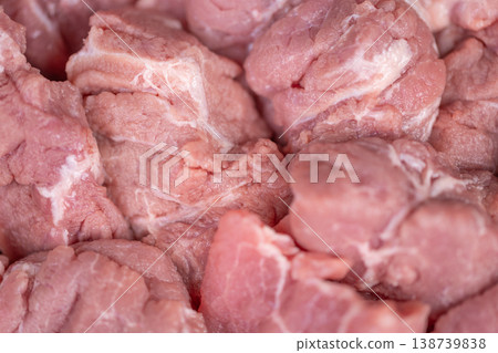 Meat display closeup. Raw meat pieces showcased visually. Photograph highlighting fresh meat textures vividly. Detailed shot emphasizing juicy meat and marbling features Meat display closeup. Raw meat pieces showcased visually. Photograph highlighting fresh meat textures vividly. Detailed shot emphasizing juicy meat and marbling features 138739838