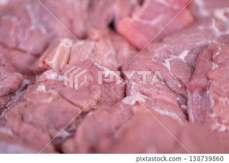 Macro view raw pork meat texture highlighting marbling and fiber detail, close focus on surface granularity and muscle pattern, scientific aesthetic study of color and structure Macro view raw pork meat texture highlighting marbling and fiber detail, close focus on surface granularity and muscle pattern, scientific aesthetic study of color and structure 138739860