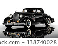 Elegant 1936 black vintage luxury car, a classic coupe with chrome details, perfectly reflected on a polished surface against a clean white background. Ideal for automotive history and style. 138740028