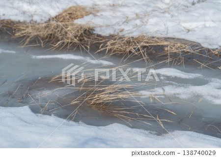 Quiet icy surface captures golden sunlight and tranquil beauty in reflection. Peaceful frostcovered pond reflects shimmering sunlight pair with gentle snow melting quietly 138740029