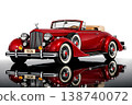 Stunning classic red 1936 vintage convertible car with chrome details and white wall tires, reflecting on a polished surface. A symbol of luxury, elegance, and automotive history 138740072