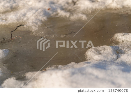 Spring thaw scene. Warm sunlight on melting snow. Early spring warmth with muddy puddles forming. Snow drips into muddy pools as season transitions slowly into warmer days 138740078