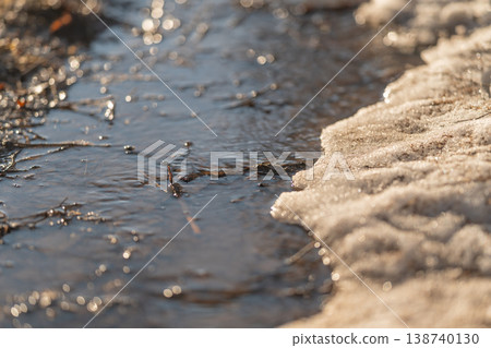 Sunlit rippling forest water. Gentle ripples glow amid thawing woodland tranquility. Peaceful scene of springtime forest stream with shimmering light and lush surroundings 138740130
