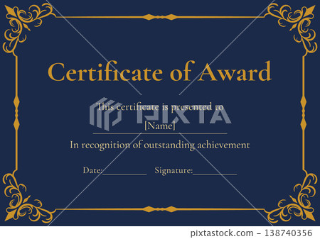 Certificate of Commendation Template | Gold Decorative Frame, Navy Blue Vector Material 138740356