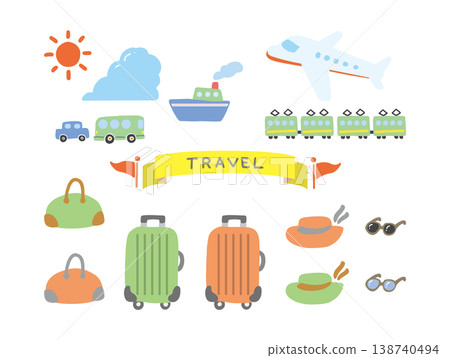 一組車輛和行李的圖示插圖,讓人聯想到假日旅行和長途旅行。 一組車輛和行李的圖示插圖,讓人聯想到假日旅行和長途旅行。 138740494