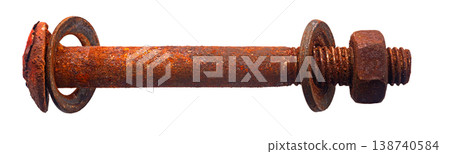 rusty construction bolt close-up on white isolated background 138740584