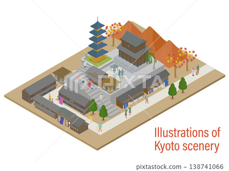 An isometric illustration of Sannenzaka and the five-story pagoda in Kyoto during autumn (autumn leaves and tourists). 138741066