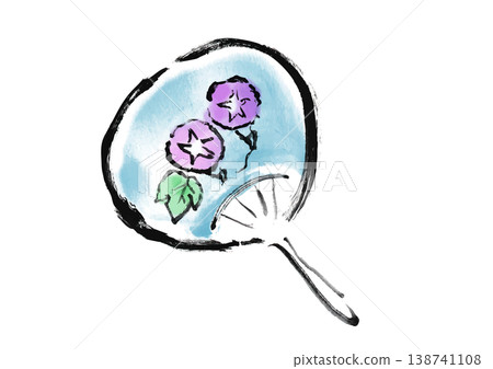 A fan with a morning glory pattern, featuring a hand-painted illustration. 138741108