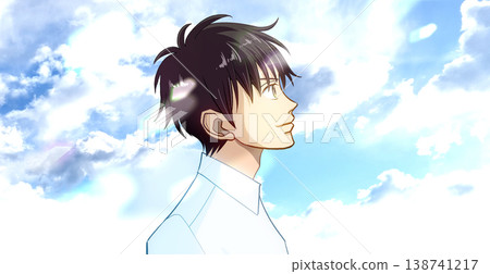 An anime-style illustration of a profile of a male student or working adult in a dress shirt looking up at the blue sky, facing right An anime-style illustration of a profile of a male student or working adult in a dress shirt looking up at the blue sky, facing right 138741217
