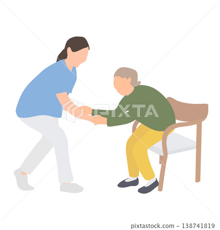 Caregivers assist elderly woman standing up from chair Caregivers assist elderly woman standing up from chair 138741819
