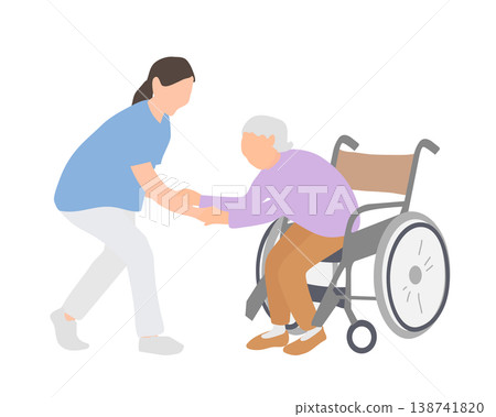 Caregivers assist an elderly woman standing up from her wheelchair. Caregivers assist an elderly woman standing up from her wheelchair. 138741820