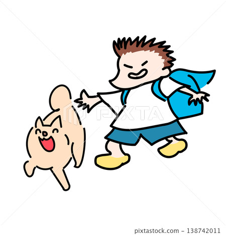 A mischievous elementary school student and his dog walk to school with their backpacks wide open. 138742011