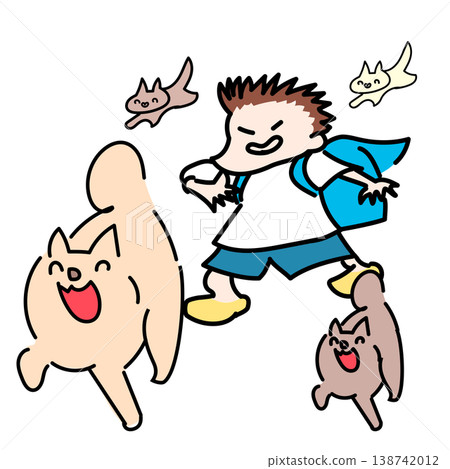 A mischievous elementary school student goes to school with his backpack open, and animals. 138742012