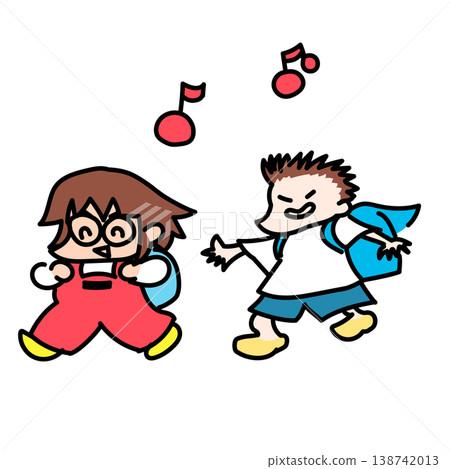 A mischievous elementary school student walking to school with his backpack open, and an elementary school student wearing glasses. 138742013