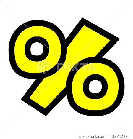 百分號“%”字元組件。流行風格的圖標,帶有粗黑邊框和黃色文字。適用於銷售、業績指標和統計資料。 百分號“%”字元組件。流行風格的圖標,帶有粗黑邊框和黃色文字。適用於銷售、業績指標和統計資料。 138742184