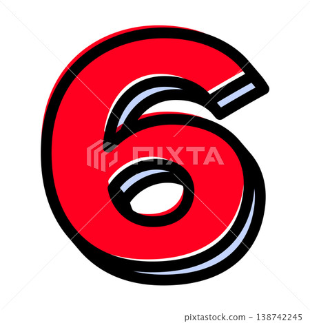 A pop-style single "6" font. Features a bold black outline and red lettering in a comic book style. Ideal for sales and pricing. 138742245