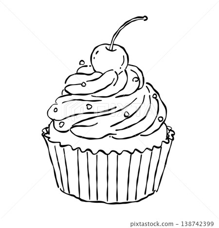 Cherry Topped Frosted Cupcake With Swirled Buttercream Sweet Bakery Dessert Vintage Patisserie Line Art Illustration 138742399