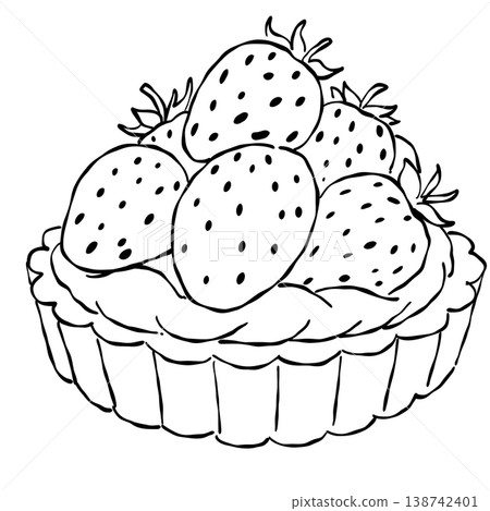 Fresh Strawberry Cream Tart With Whole Strawberries On Flaky Pastry Crust Classic French Bakery Dessert Vintage Patisserie Line Art Illustration 138742401