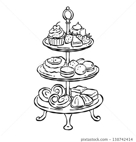 Elegant Three Tier Dessert Stand With Cakes Pastries Macarons And Strawberries Vintage Afternoon Tea Bakery Line Art Illustration Elegant Three Tier Dessert Stand With Cakes Pastries Macarons And Strawberries Vintage Afternoon Tea Bakery Line Art Illustration 138742414