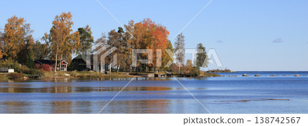 Colorful autumn forest and Lake Vanern, Vita Sannar, Sweden. Colorful autumn forest and Lake Vanern, Vita Sannar, Sweden. 138742567
