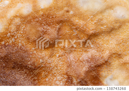 Pancakes with bubbles. Homemade fluffy pancake closeup. Delicate sponge pancakes with even coloring. Aerial shot of airy homemade pancakes with subtle shine and perfect browning 138743268