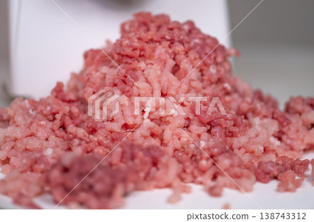 Ground meat for burgers ready. Minced raw meat laid out for burger patty formation. Juicy minced meat displayed for crafting perfect burger patties at home or restaurant Ground meat for burgers ready. Minced raw meat laid out for burger patty formation. Juicy minced meat displayed for crafting perfect burger patties at home or restaurant 138743312