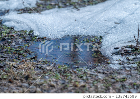 Snow melts revealing moist earth. Fading snow uncovers damp ground beneath. Gentle morning illumination exposes melting snow patches and moist terrain in early spring Snow melts revealing moist earth. Fading snow uncovers damp ground beneath. Gentle morning illumination exposes melting snow patches and moist terrain in early spring 138743599