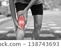 Monochrome photo of person holding painful knee with red glowing anatomical bone graphic overlay showing joint inflammation, sports injury, or severe arthritis in medical and healthcare concept. 138743693