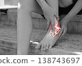 Monochrome photo of person holding painful ankle with red glowing anatomical bone graphic overlay showing joint inflammation, sports injury, sprain or severe arthritis in healthcare medical concept. 138743697
