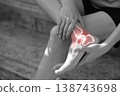 Monochrome photo of person holding painful ankle with red glowing anatomical bone graphic overlay showing joint inflammation, sports injury, sprain or severe arthritis in healthcare medical concept. 138743698