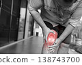 Monochrome photo of a man with knee joint pain, holding his sore leg with a glowing red anatomical skeleton diagram overlay, illustrating osteoarthritis, injury, or inflammation. Healthcare medical. 138743700