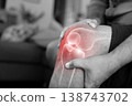Monochrome photo a man with knee joint pain, holding his sore leg with a glowing red anatomical skeleton diagram overlay, illustrating osteoarthritis, injury, or inflammation. Healthcare medical. 138743702