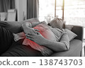 Monochrome photo of sick man lying on sofa holding his stomach with a red glowing area indicating severe abdominal pain, food poisoning, indigestion or gastric ulcer in healthcare medical concept. 138743703