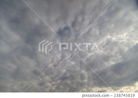 Soft textured clouds create mosaic sky of small rounded pockets and muted tones, diffused light produces delicate contrast, suitable for abstract background and editorial use Soft textured clouds create mosaic sky of small rounded pockets and muted tones, diffused light produces delicate contrast, suitable for abstract background and editorial use 138743819