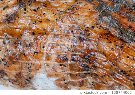 Smoked pork brilliance. Seared smoked pork displaying rich colors and deep flavor. Charred and slowcooked pork with glowing amber tones and luscious sheen conveying deep flavor Smoked pork brilliance. Seared smoked pork displaying rich colors and deep flavor. Charred and slowcooked pork with glowing amber tones and luscious sheen conveying deep flavor 138744063