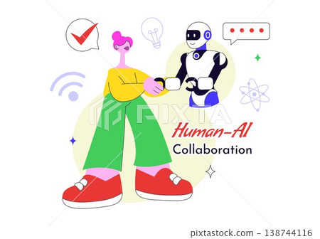 Human AI Collaboration Illustration With People And Robots Working Together, Digital Technology Innovation, Smart Automation and Future Workflow Human AI Collaboration Illustration With People And Robots Working Together, Digital Technology Innovation, Smart Automation and Future Workflow 138744116