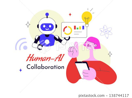Human AI Collaboration Illustration With People And Robots Working Together, Digital Technology Innovation, Smart Automation and Future Workflow Human AI Collaboration Illustration With People And Robots Working Together, Digital Technology Innovation, Smart Automation and Future Workflow 138744117