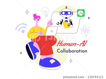 Human AI Collaboration Illustration With People And Robots Working Together, Digital Technology Innovation, Smart Automation and Future Workflow Human AI Collaboration Illustration With People And Robots Working Together, Digital Technology Innovation, Smart Automation and Future Workflow 138744121
