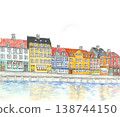哥本哈根新港色彩繽紛的建築，水彩手繪[手繪] 白色背景，留有臨摹空間 138744150