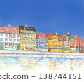 哥本哈根新港色彩繽紛的建築和蔚藍的天空，水彩手繪[可留白] 138744151