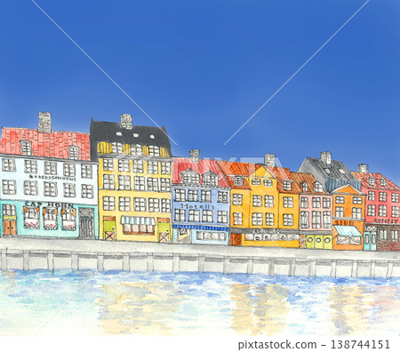 Colorful buildings and blue sky of Nyhavn, Copenhagen, painted in watercolor [Hand-drawn] Copy space available 138744151
