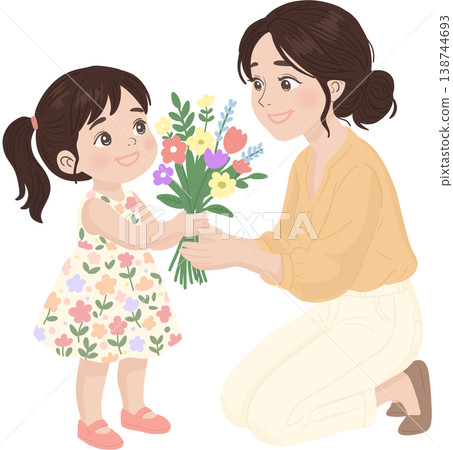 Heartwarming illustration of a little girl giving a colorful bouquet of flowers to her mother. 138744693