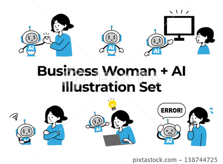一組簡單的插圖,描繪了人工智慧和女性企業家(協作、工作效率、錯誤、想法)。 一組簡單的插圖,描繪了人工智慧和女性企業家(協作、工作效率、錯誤、想法)。 138744725