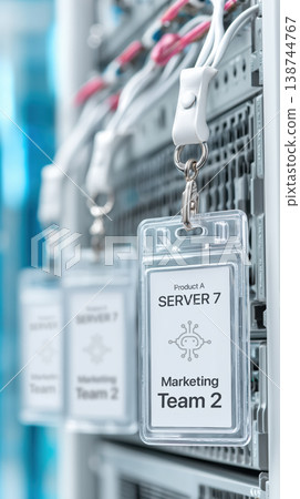 Close up computer server AI virtual staff card hanging securely in modern data center providing professional organized network storage access 138744767