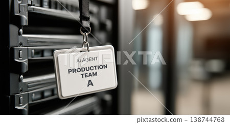 Editorial photo close up shot clear focus computer server room standard badge showing secure access pass for serious production team staff 138744768